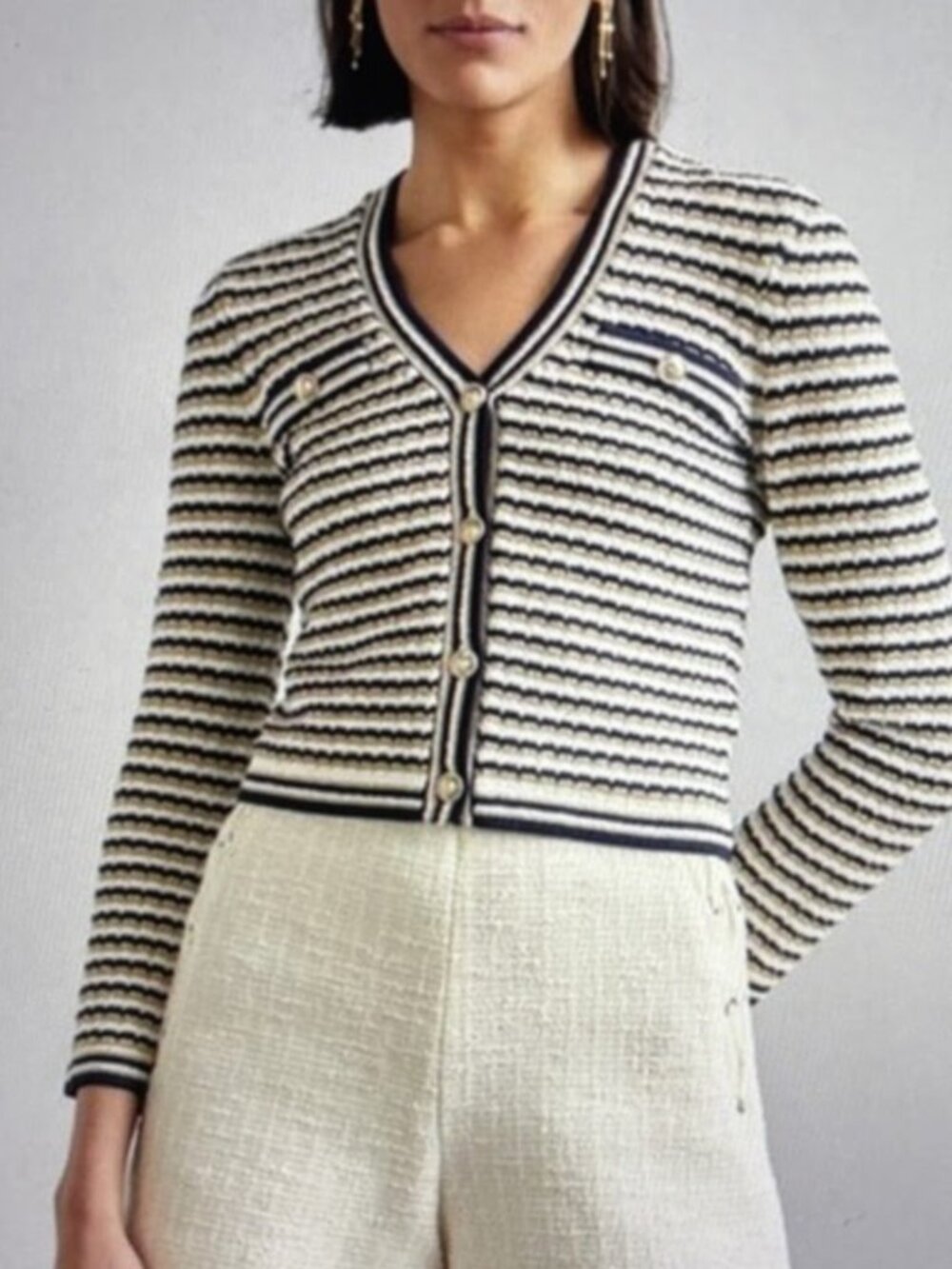 Maje Striped Knit V-neck Cardigan Quiet Luxury Old Money Nautical Women's S